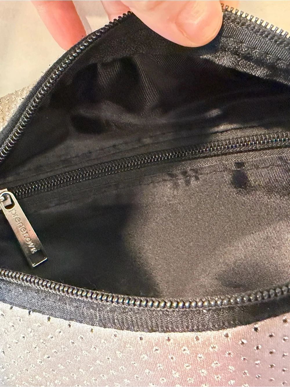 preneLOVE Gray Neoprene Perforated Crossbody Bag Adjustable Strap